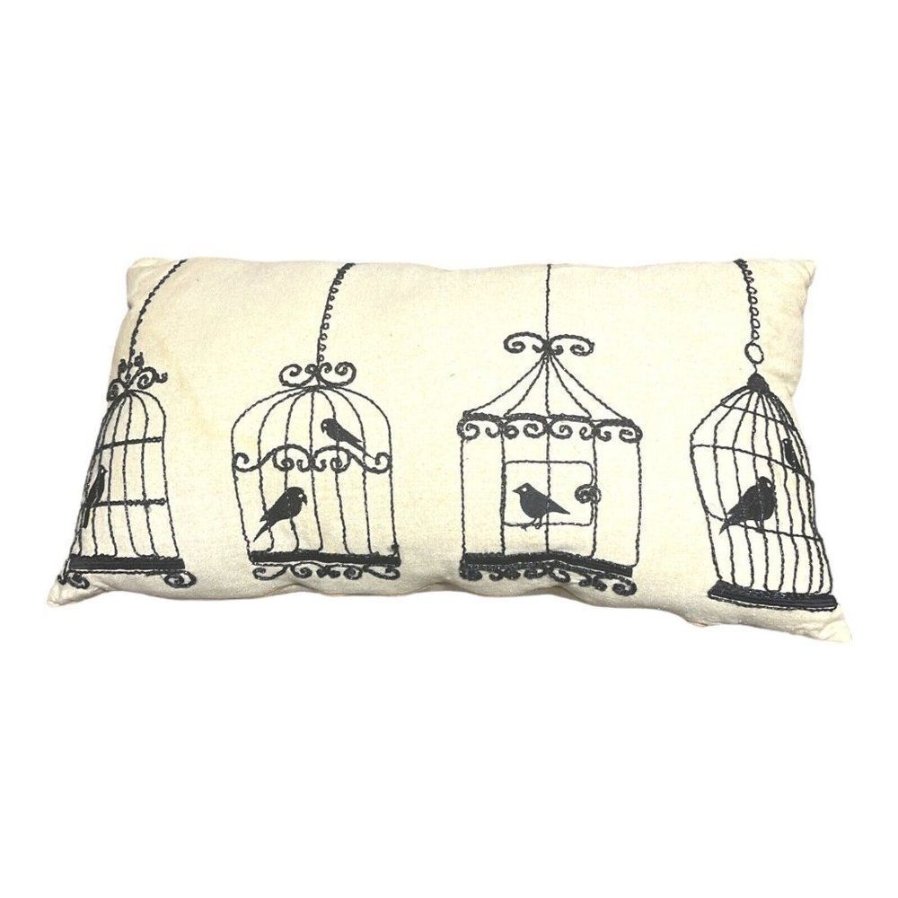 Art Deco Neutral Embroidered Rectangle Lumbar Chic Black Bird Cage Throw Pillow